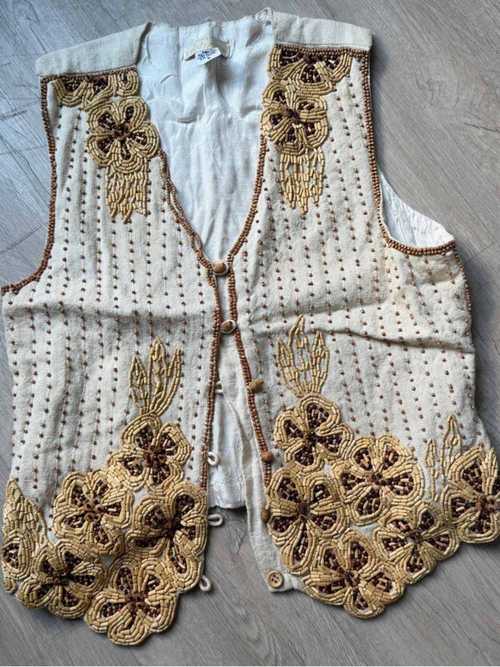 Hand-Beaded Cream Floral Vest with Brown Accents